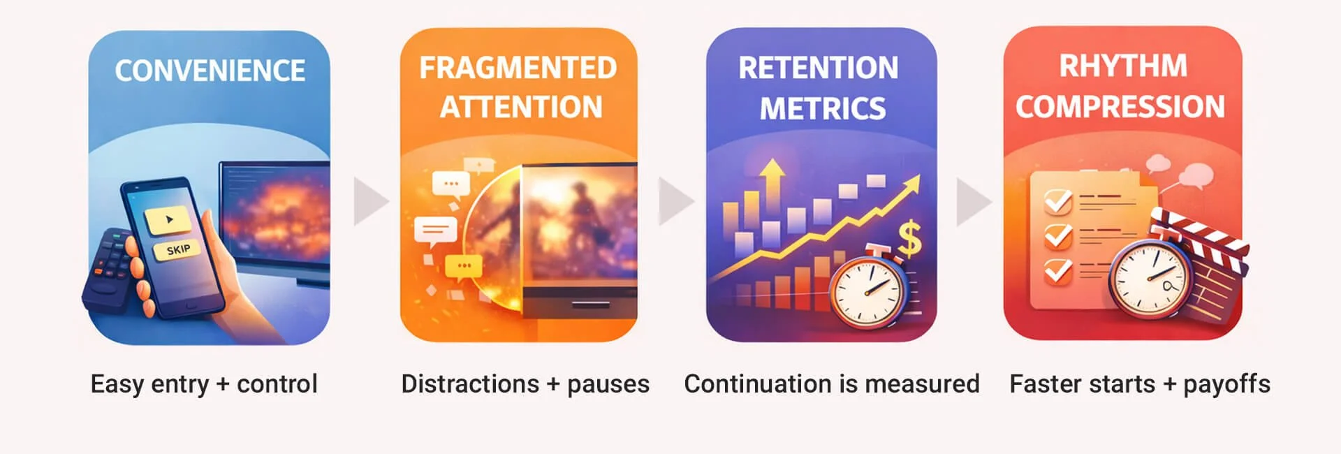 Infographic showing how streaming convenience leads to fragmented attention, retention metrics and compressed storytelling rhythm.