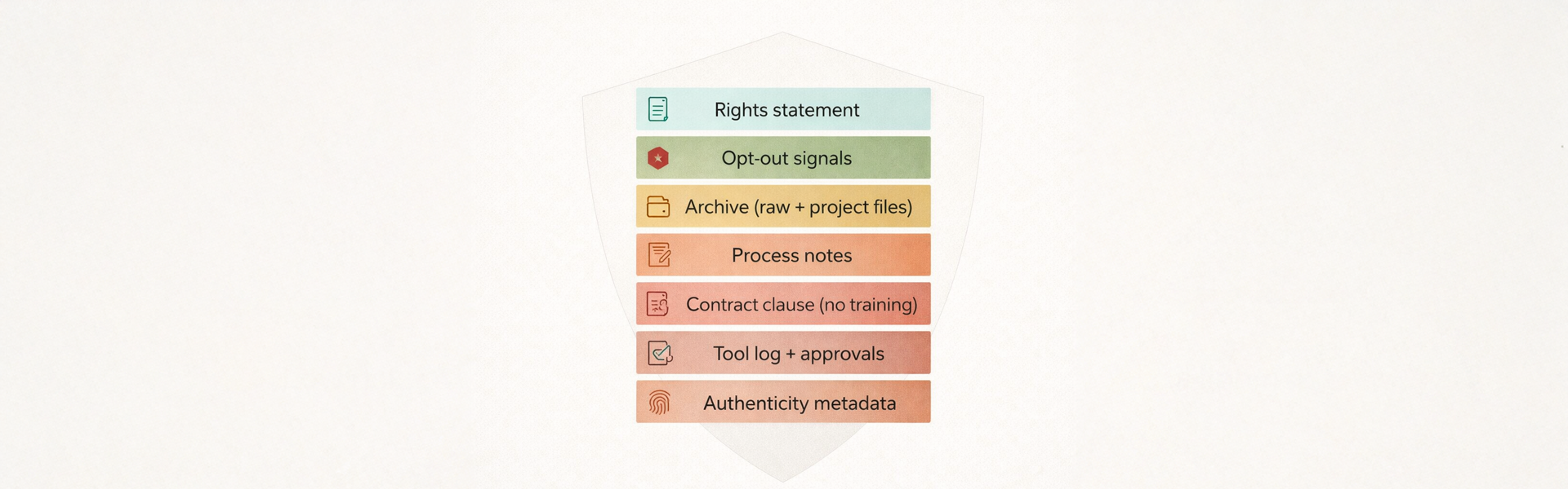 Layered shield diagram showing a protection stack for AI-assisted video: rights statement, opt-out signals, archive files, process notes, no-training contract clause, tool log and approvals, and authenticity metadata.