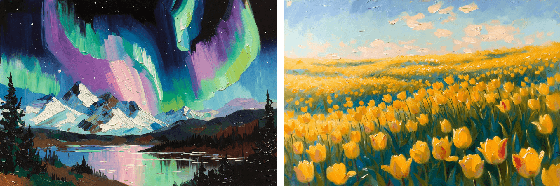 Two stylised paintings, one of an aurora over mountains and one of a yellow tulip field under a blue sky.
