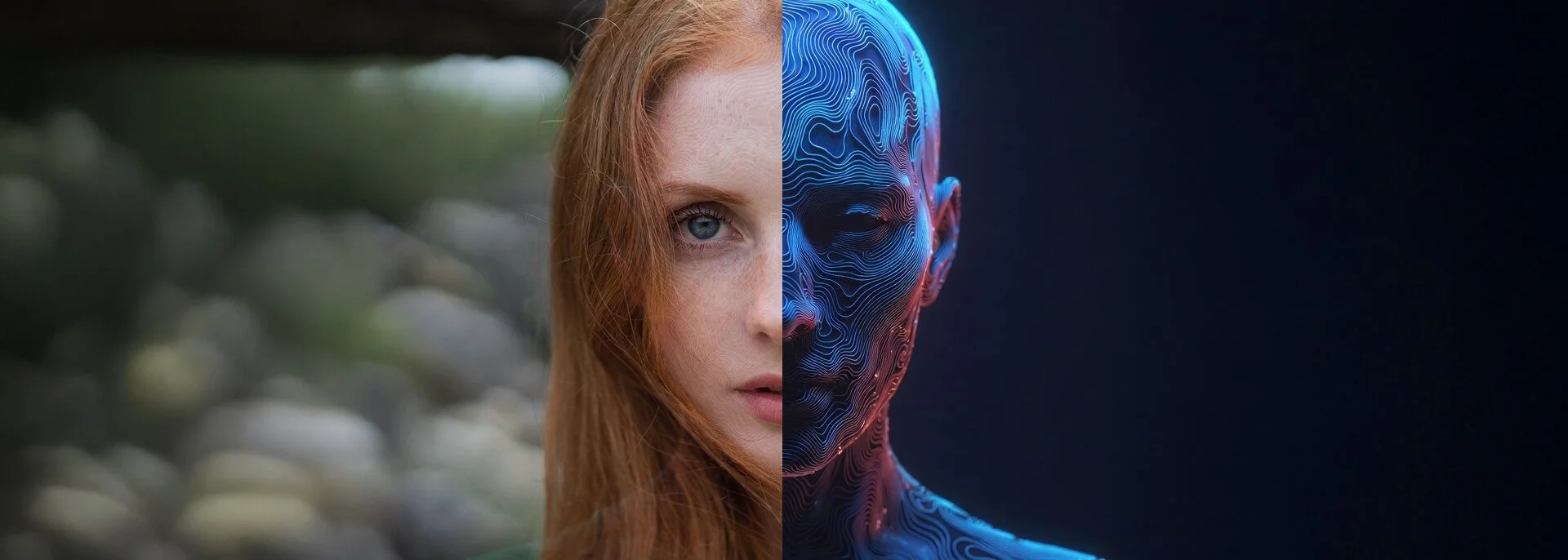 Split-face portrait: natural red-haired woman on the left becomes a glowing blue cybernetic digital avatar on the right — symbolizing actors turning into royalty-generating IP like musicians.