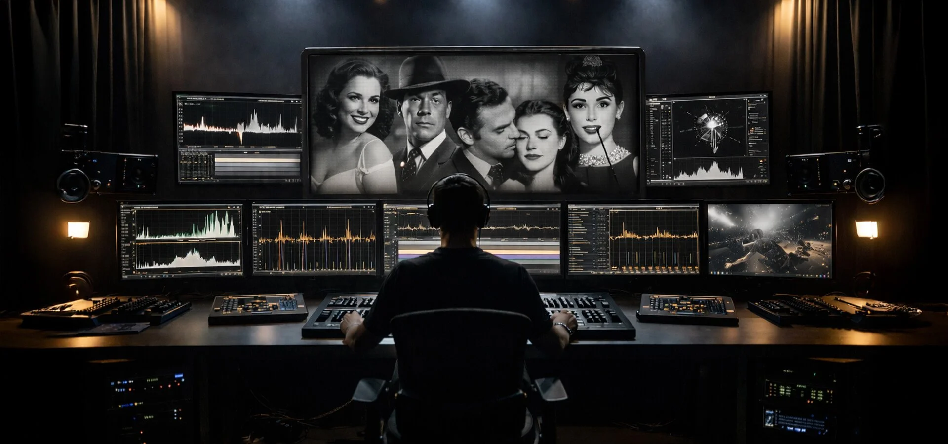 Editor working in a post-production suite with colour scopes and timelines, while the main screen shows classic Hollywood film stars in black and white