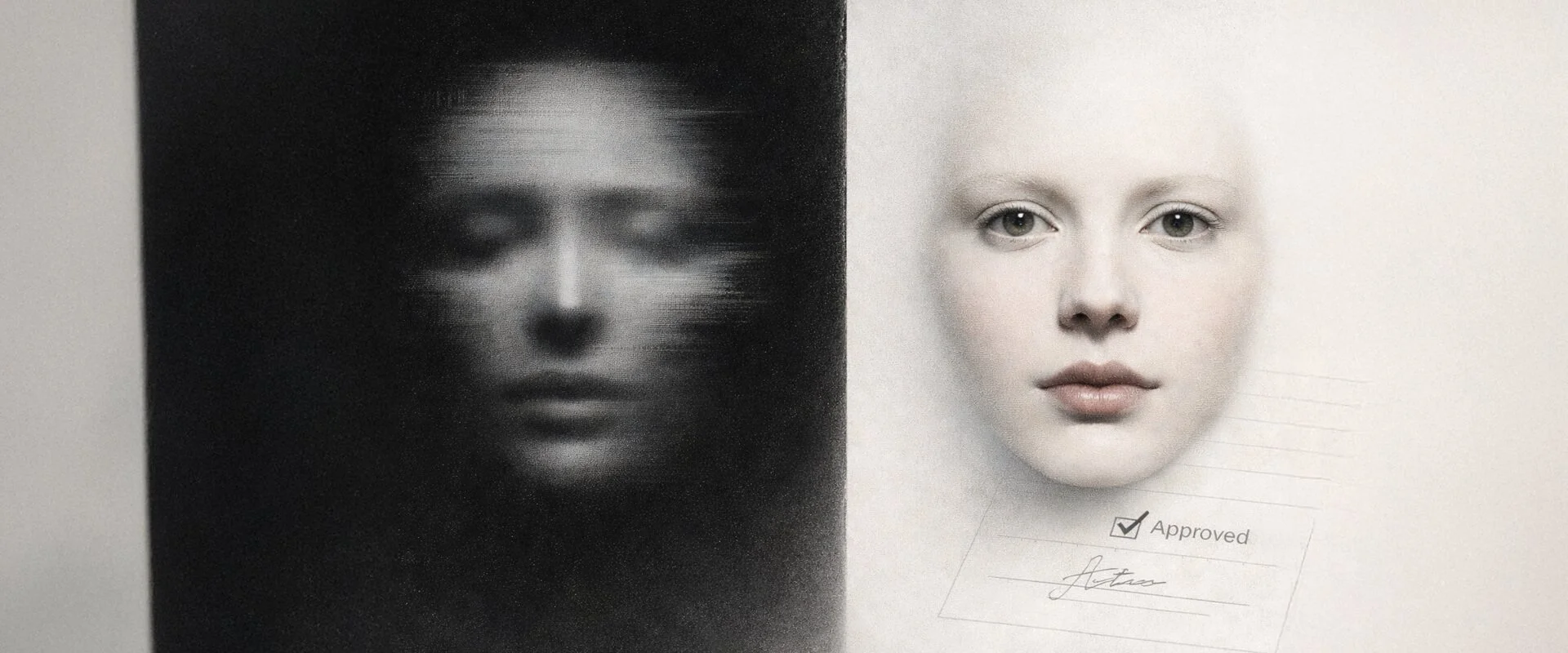 Split portrait showing a softened distorted face beside a clear face with an “Approved” tag, suggesting consent-led likeness use and version control.