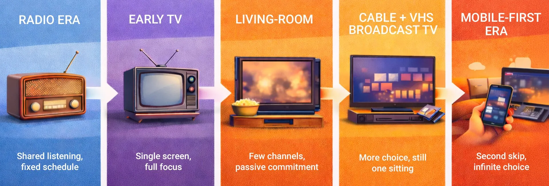 Timeline illustration showing how viewing environments evolved from radio and early TV to living-room broadcast TV, cable and VHS, streaming, and mobile-first viewing.