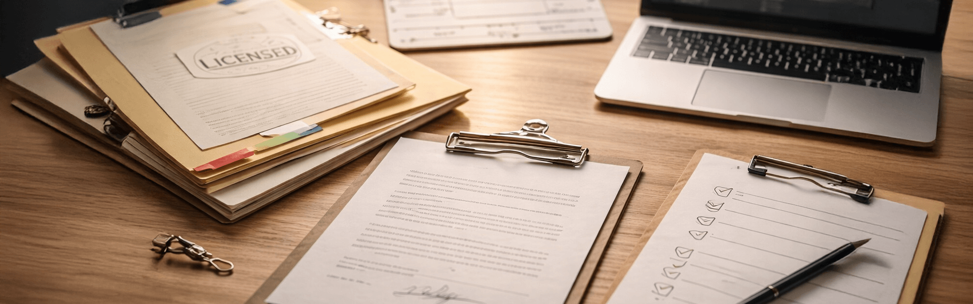 Production desk with clipboards, checklists, folders, and a laptop showing a blurred video edit timeline, representing due diligence when commissioning AI-assisted video.