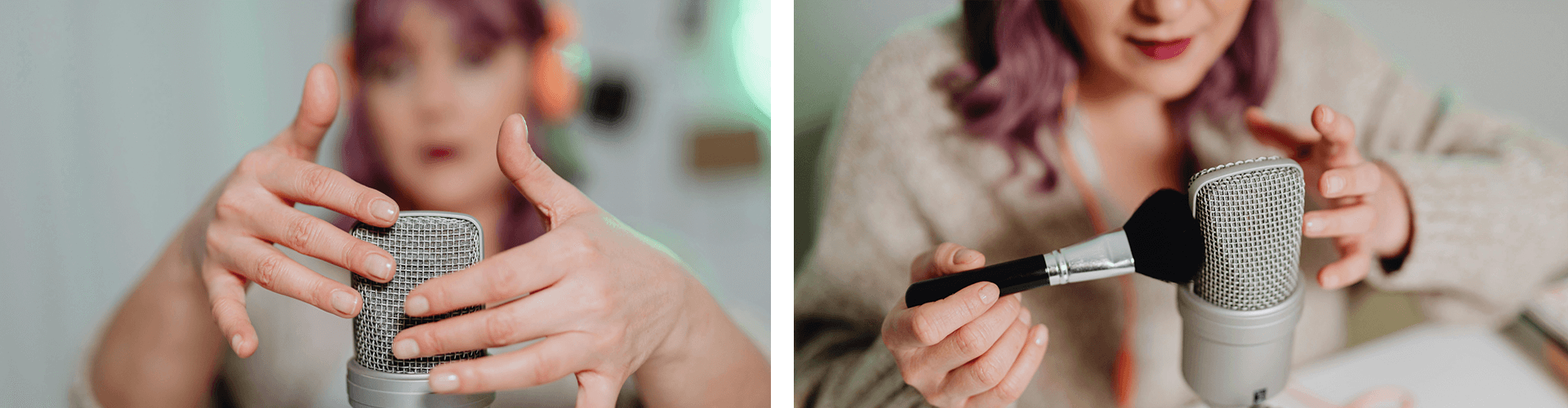 Close-up of ASMR triggers including slow hand movements and gentle makeup brush tapping on a binaural microphone, commonly used in relaxing brand video production