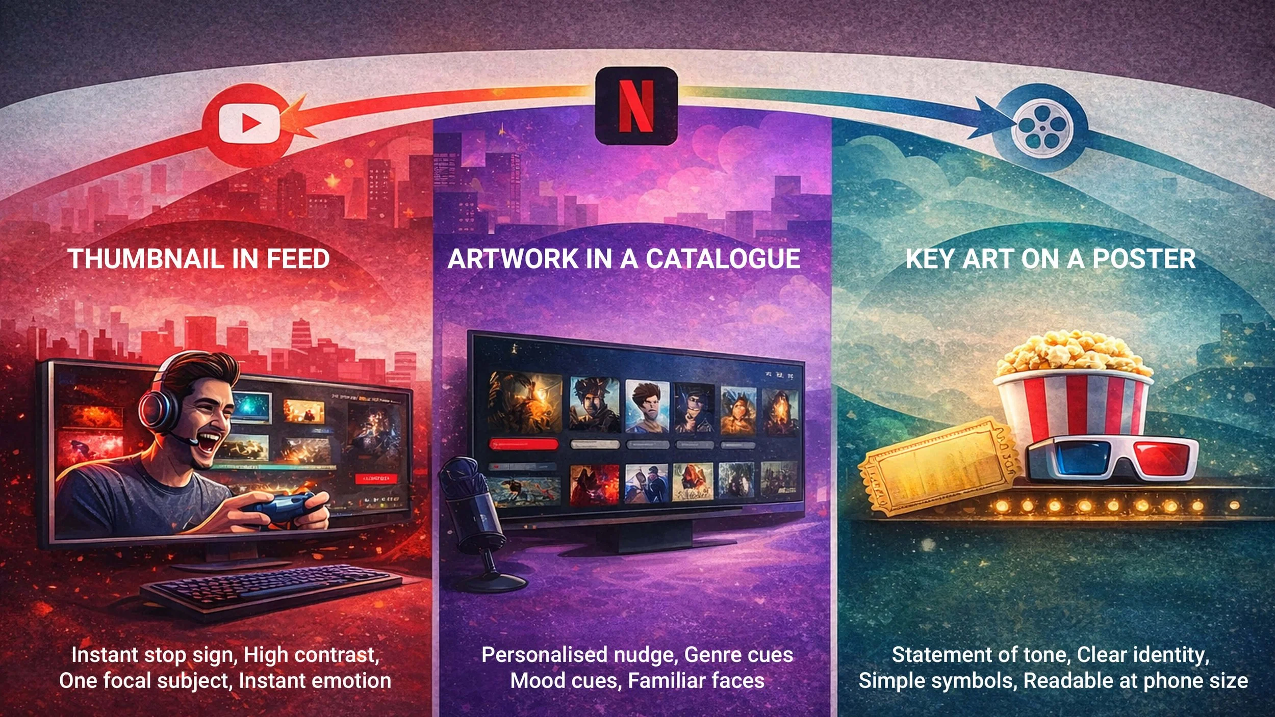 Infographic of the Three-Room Thumbnail Model comparing YouTube feed thumbnails, Netflix catalogue artwork, and cinema key art posters. Same job, different rewards.