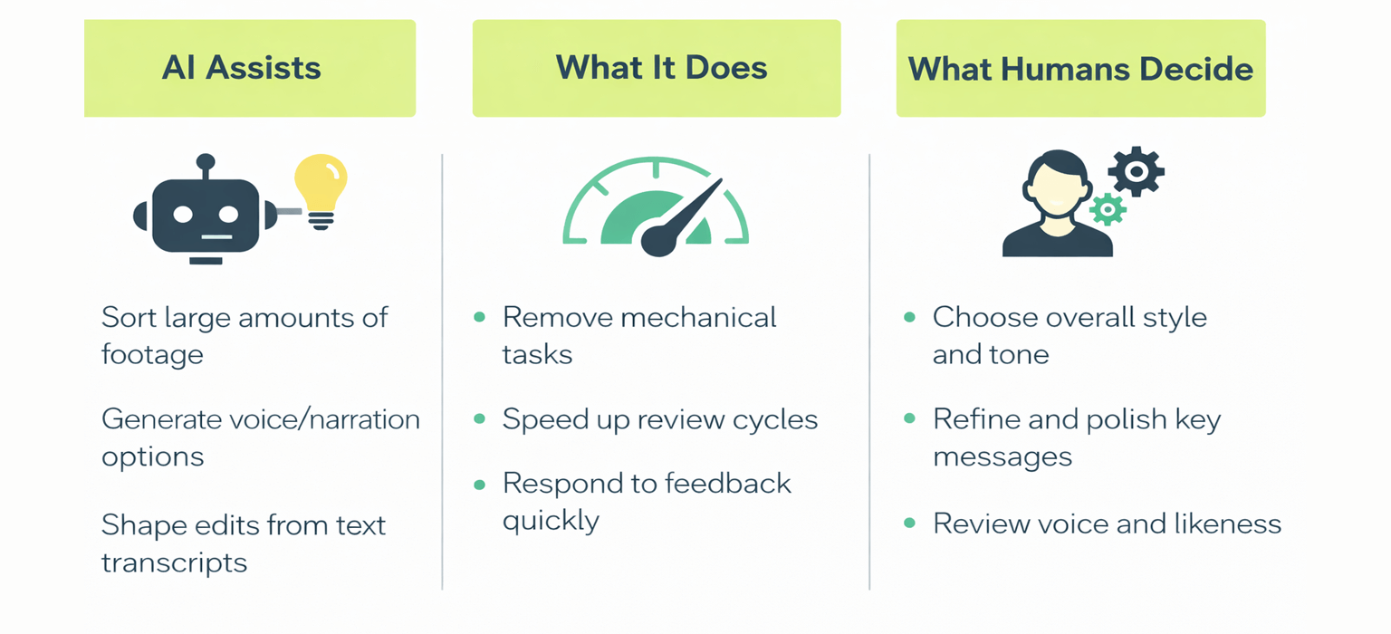 Diagram showing how AI supports video production by handling repetitive tasks while humans make creative and editorial decisions