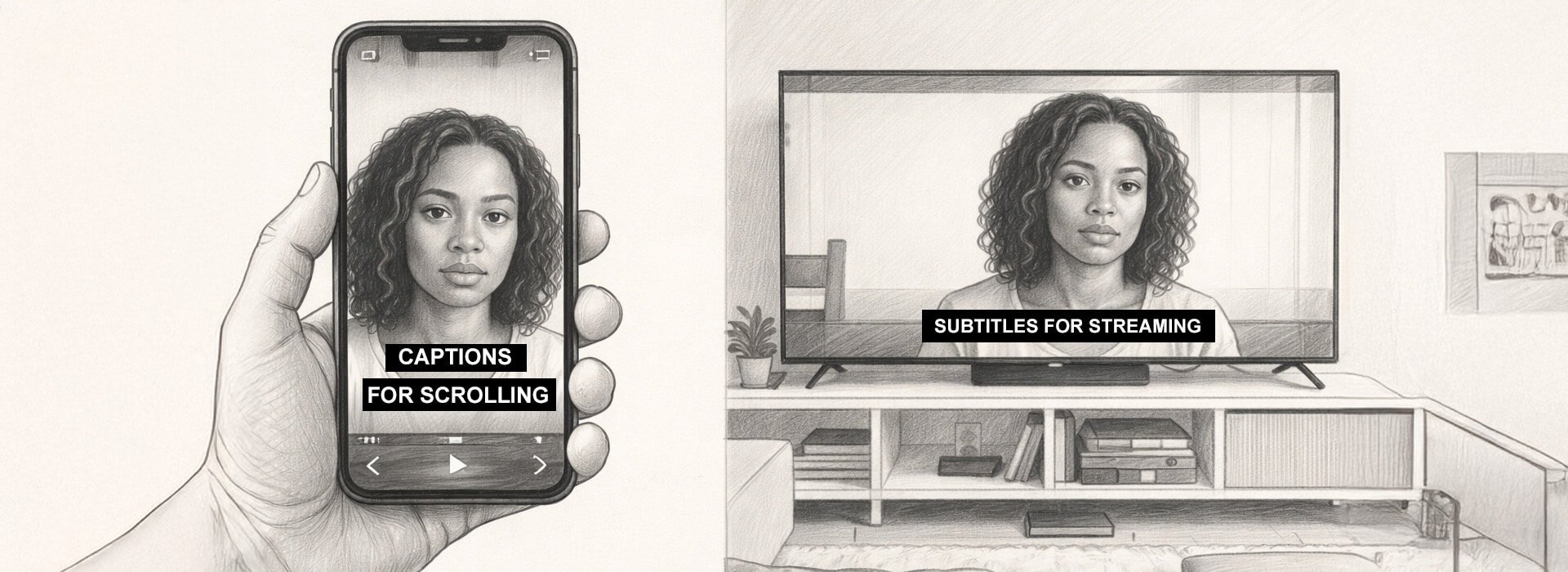 Split-screen pencil sketch showing a smartphone video and a TV screen, illustrating captions for scrolling and subtitles for streaming.