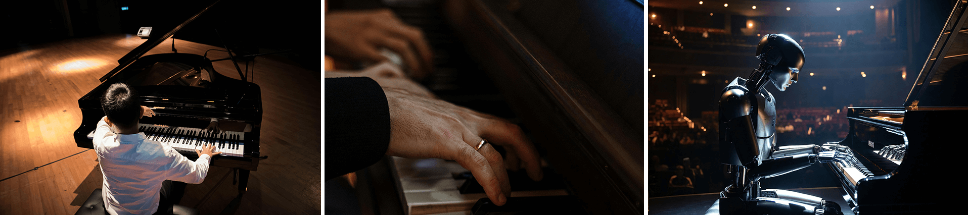 Three-panel collage: human pianist playing passionately, close-up of emotional hands on keys, and robot performing perfectly – contrasting human imperfection with robotic precision in art.