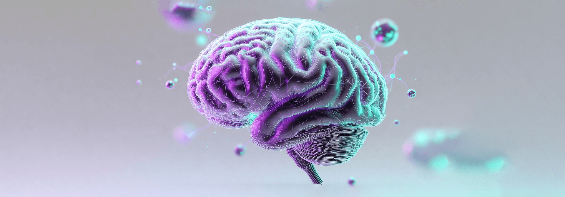 Digital wireframe human brain glowing in purple and teal with neural connections and floating particles, representing neuromarketing and brain science concepts