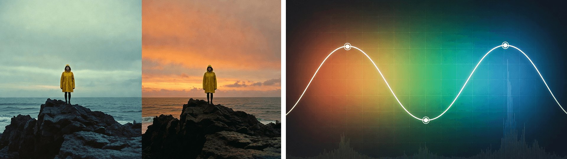 Split image: left shows side-by-side colour grading comparison of a figure in yellow raincoat (cool bleak vs. warm hopeful); right displays waveform graph with colour gradient illustrating emotional pacing in editing.