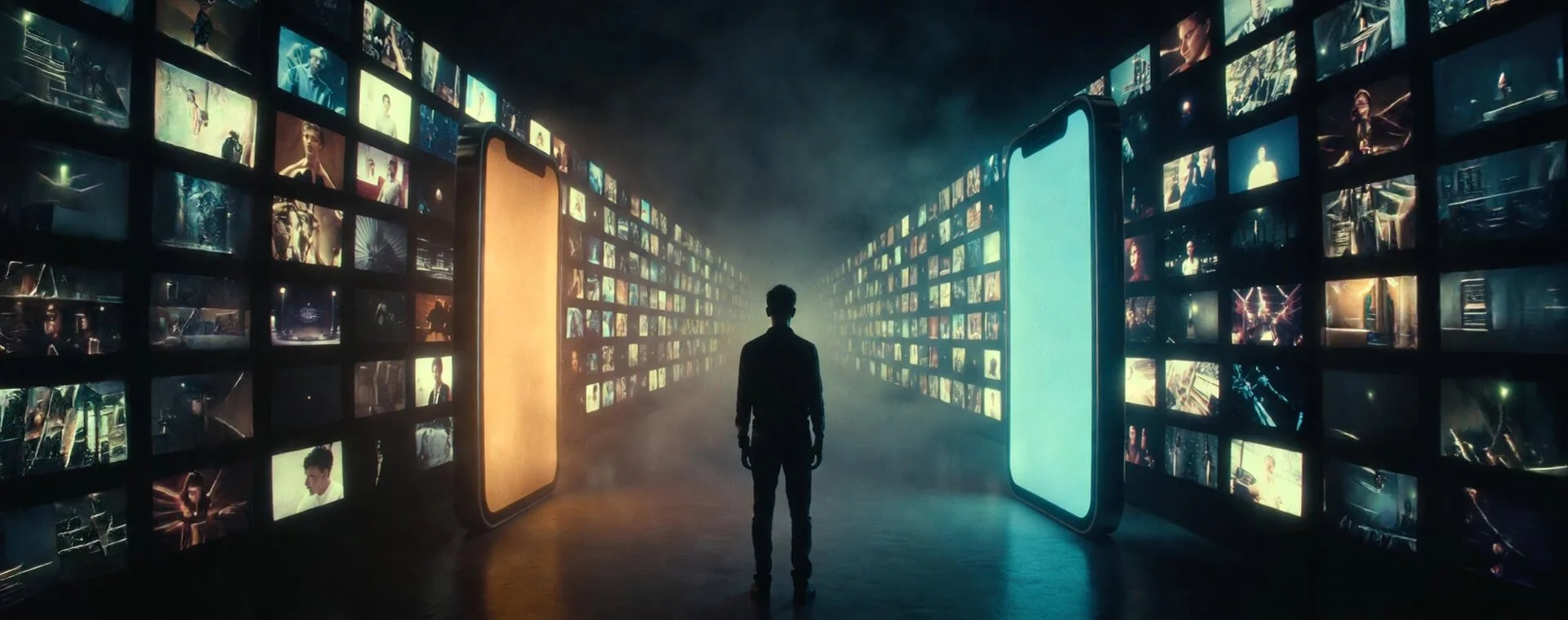 Silhouetted viewer facing walls of video screens between two large phone-like panels, suggesting interactive and AI-shaped viewing.