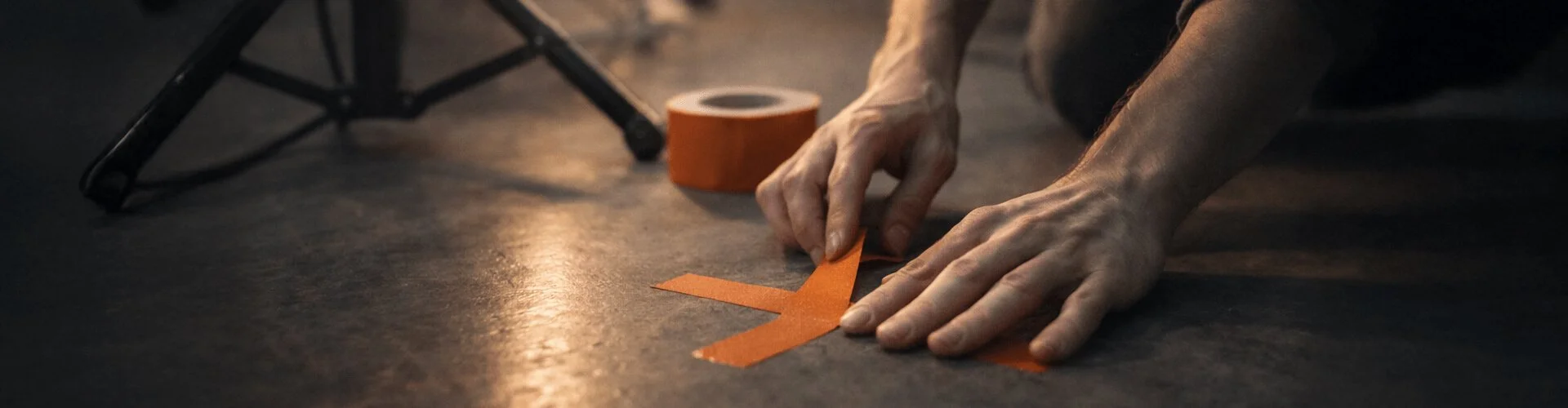 Hands placing an orange tape mark on a studio floor beside a tripod, suggesting behind-the-scenes human craft and effort.