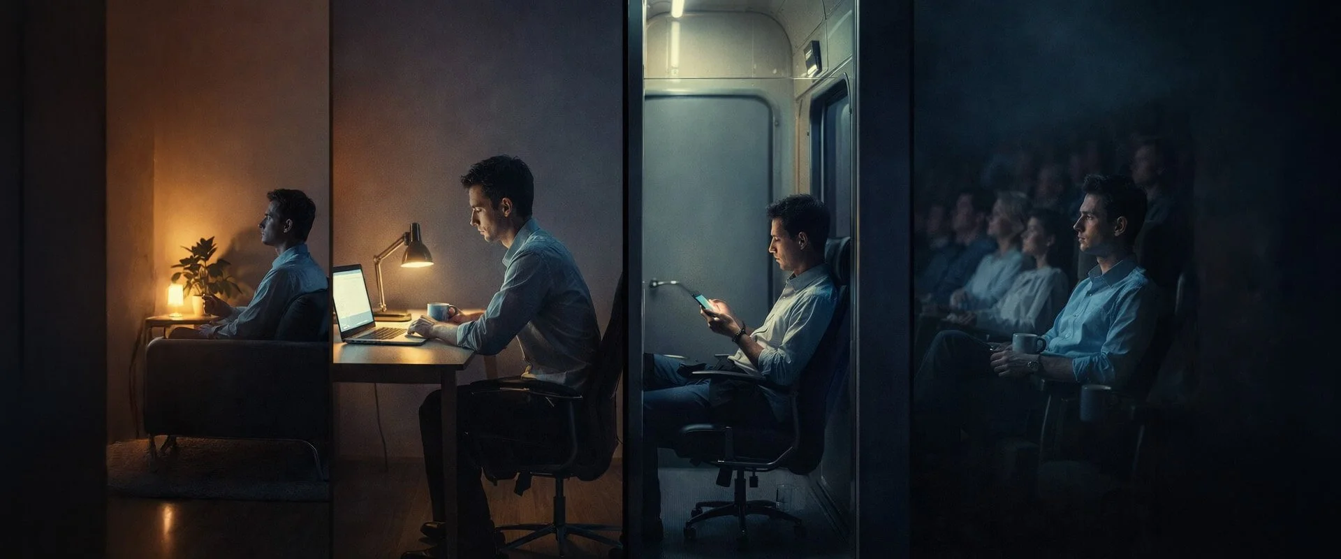 Four-panel scene showing video consumption shifting from home to laptop desk, phone in transit, and a cinema audience.