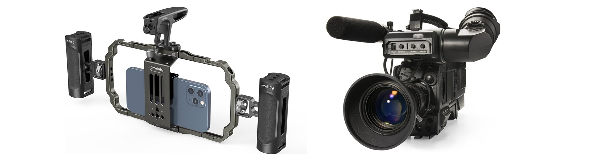 A smartphone in a handled cage beside a broadcast video camera with a large lens and a shotgun mic.