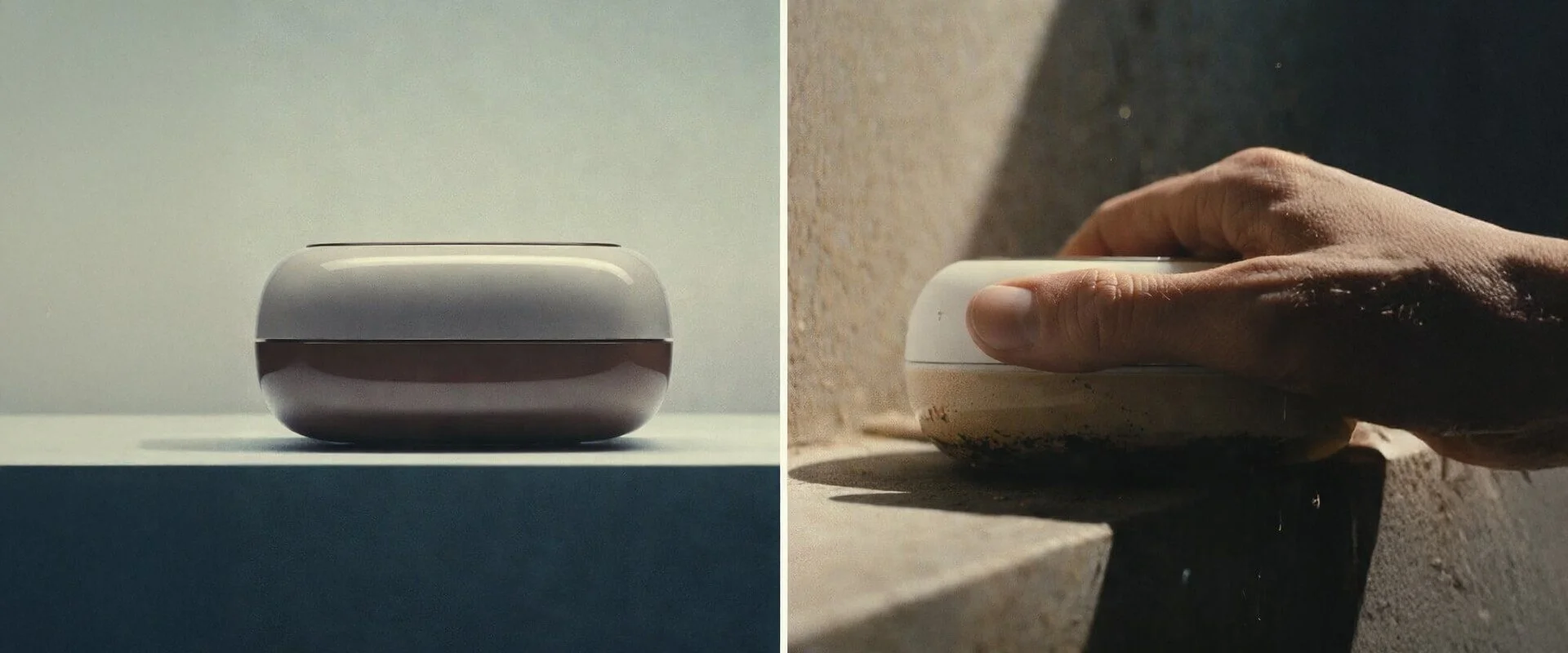 Split-screen: a product in a clean studio shot and the same product held in a real space.