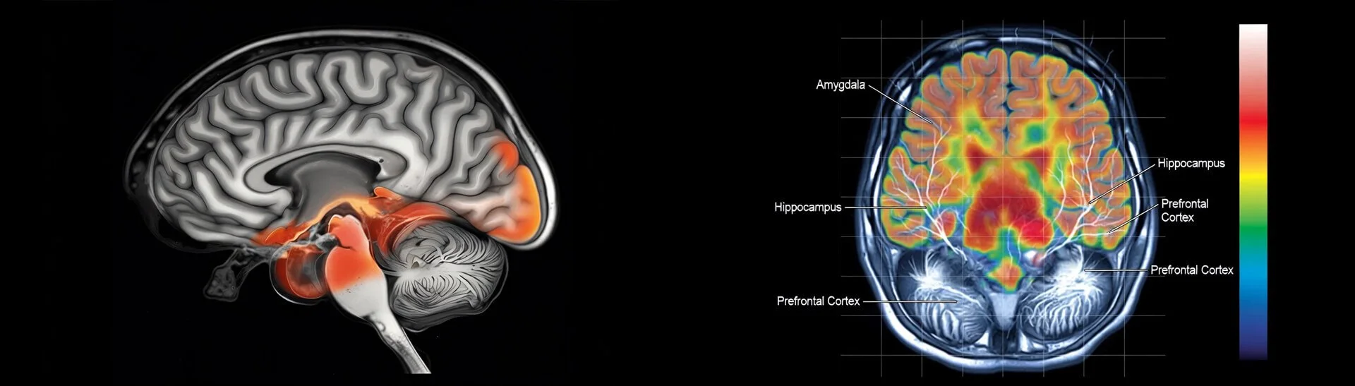 3D fMRI brain scans showing activation overlays in amygdala, hippocampus, and prefrontal cortex for emotion, memory, and decision-making