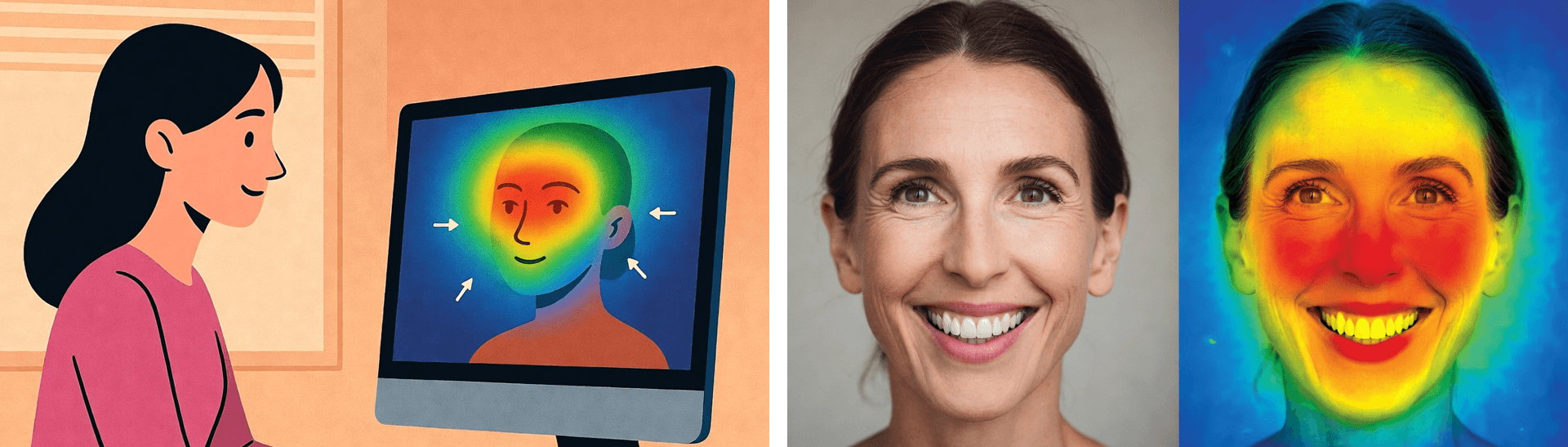 Eye-tracking heatmap example: researcher analysing data, original portrait, and overlay highlighting attention hotspots on facial features