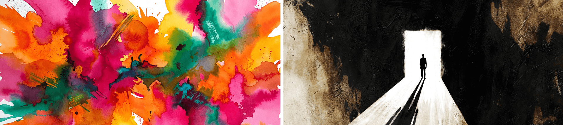 Vibrant abstract watercolour explosion on left, silhouetted figure approaching light in dark tunnel on right – human creativity vs. AI's uncertain future.