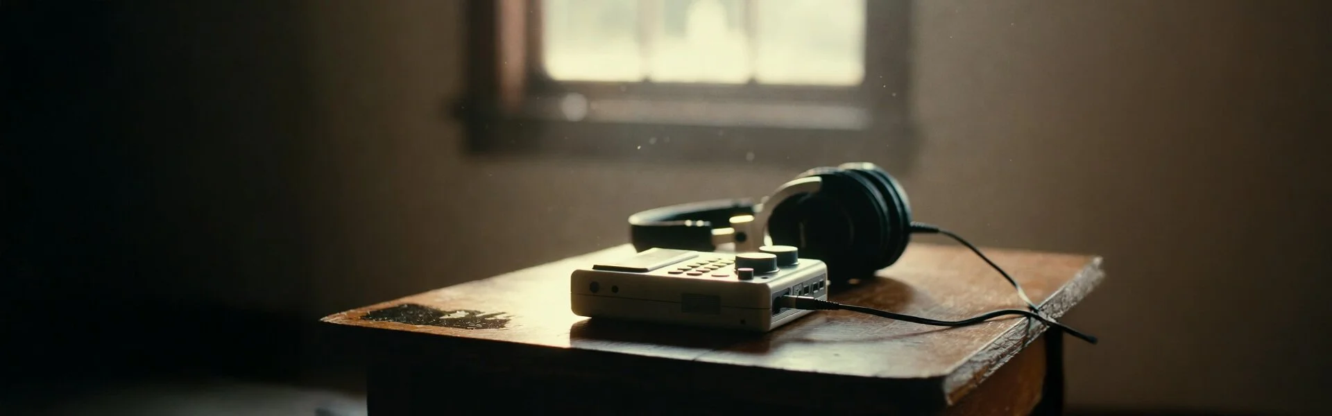 Audio recorder and headphones resting on a wooden table in soft window light.