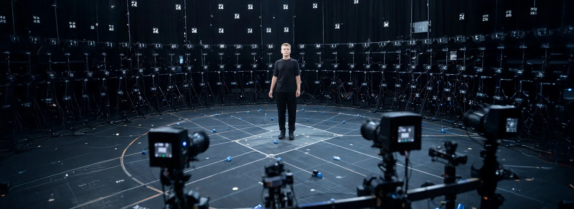 Volumetric video capture stage with a performer inside a calibrated camera array and floor tracking markers.