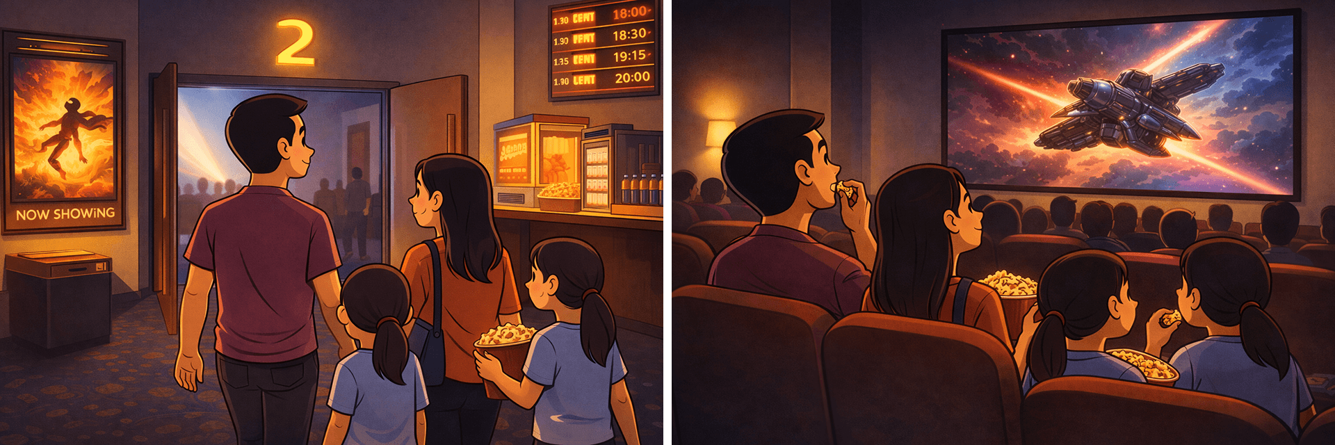 Illustration of a family enjoying a cinema visit in 2026, from entering the theatre to watching a sci-fi film together on the big screen.