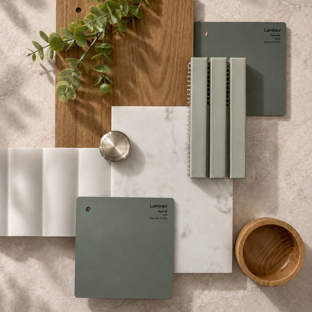 Flatlay of sage and charcoal laminate samples, oak board, white stone, fluted panel, brushed knob, timber bowl and eucalyptus