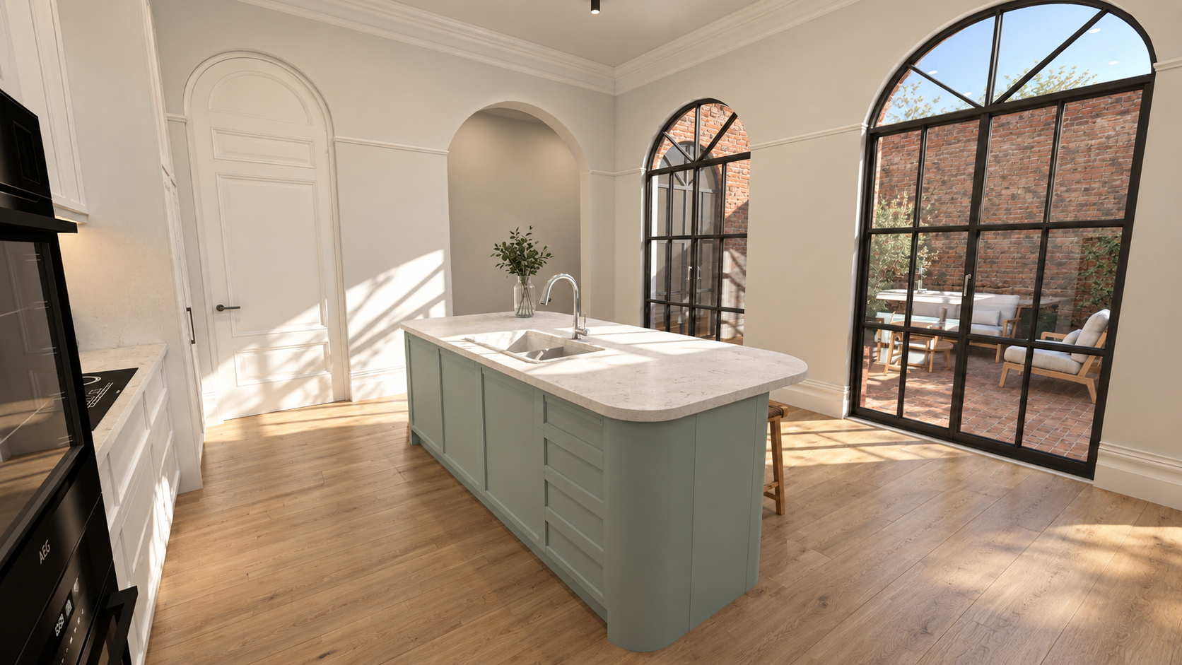 Manning kitchen render: sage-green island with curved stone benchtop beside arched black-framed glass doors to the courtyard