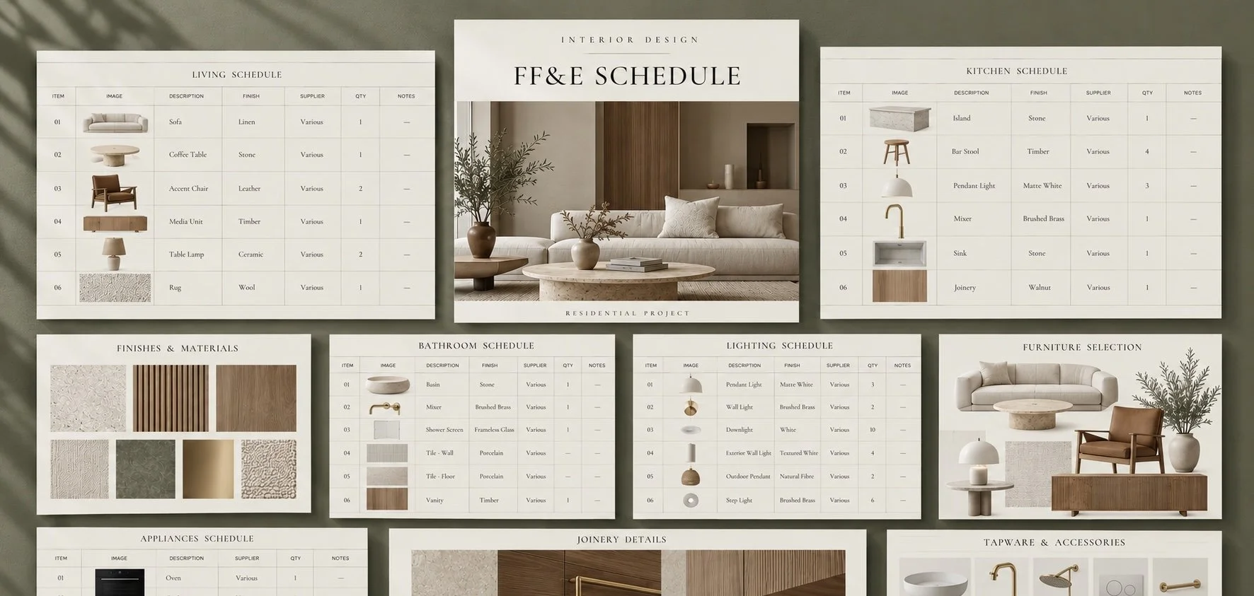 Example FF&E schedule pages showing furniture, lighting, finishes and tapware selections with a styled living room