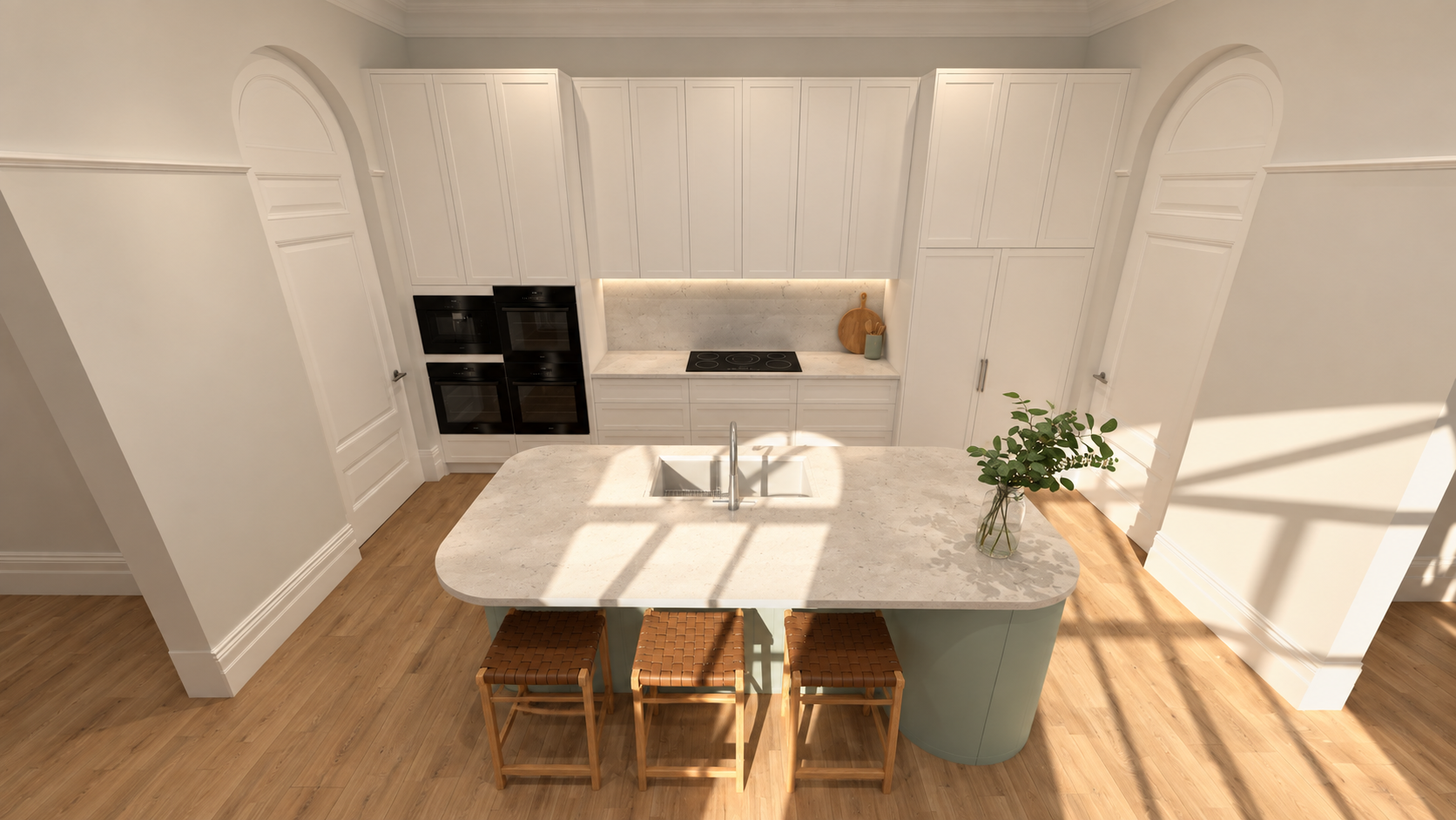 Manning kitchen render: marble-topped island with timber stools, white panelled cabinetry and sunlit arches
