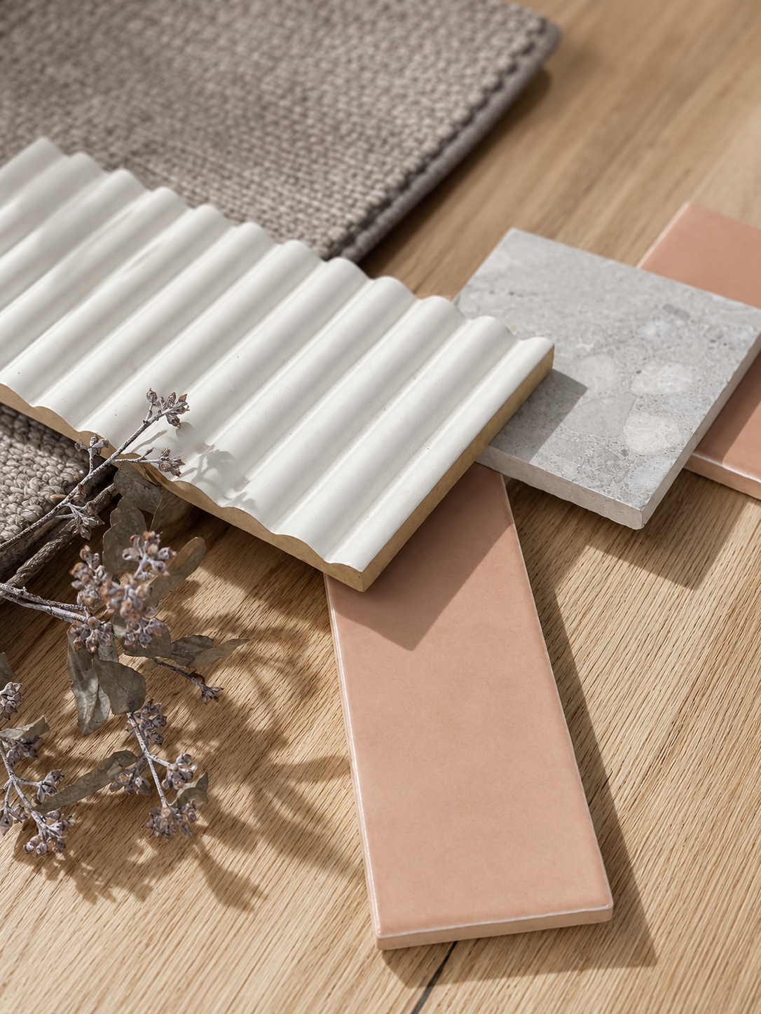 Flatlay of blush-pink gloss tile, white fluted panel, terrazzo and dried flowers on oak flooring