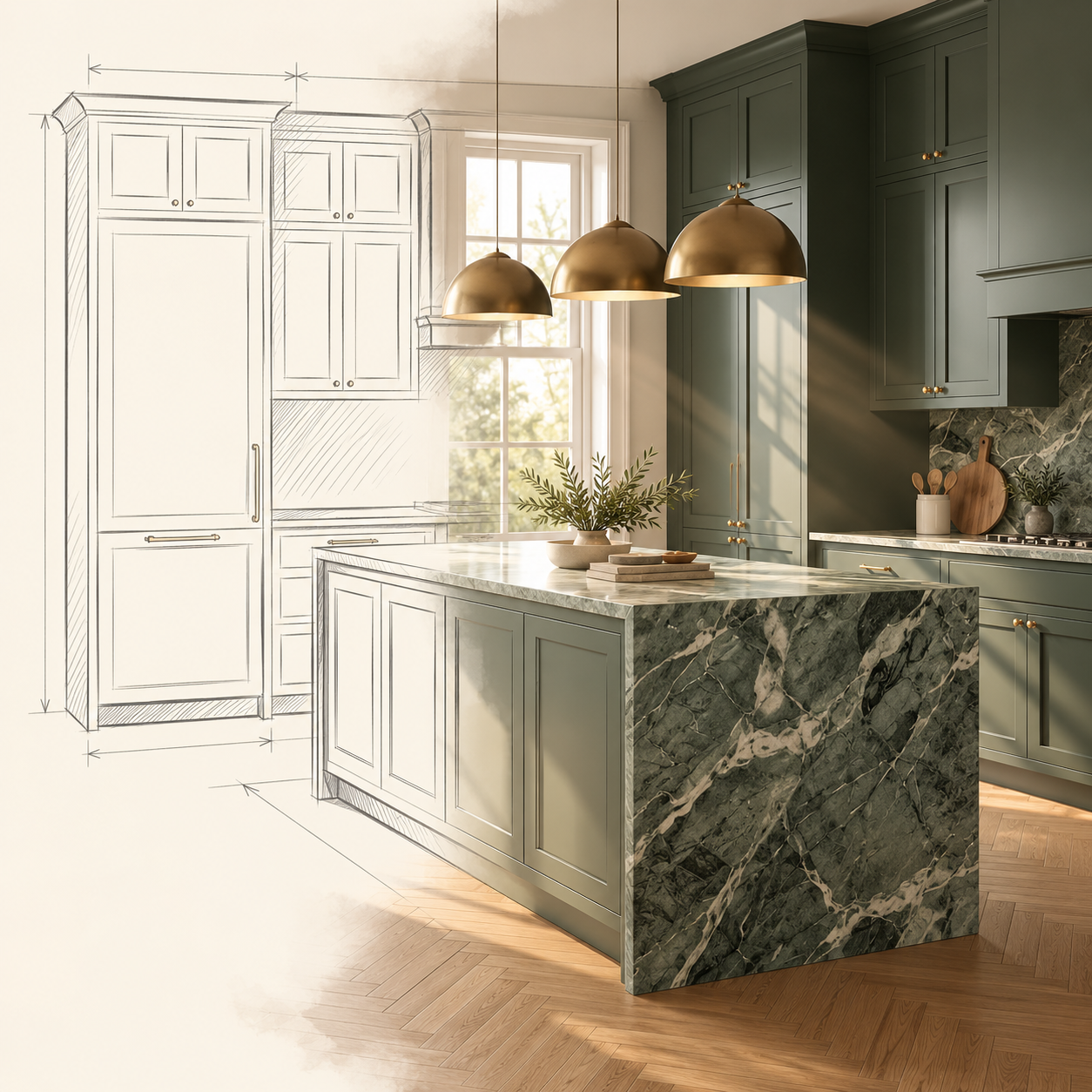 Kitchen design shown transitioning from a line sketch to a realistic render with sage cabinetry, green marble island and brass pendants