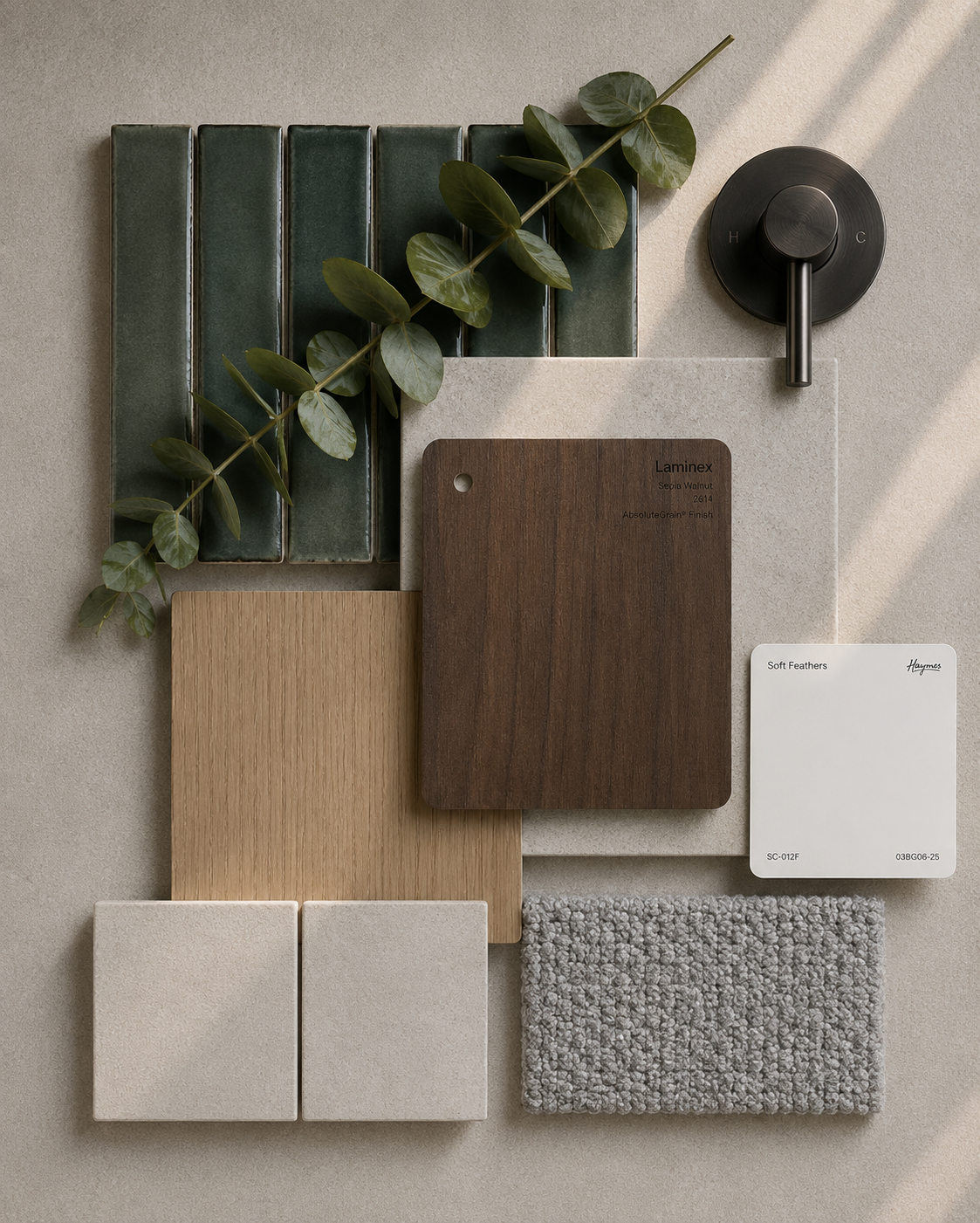 Flatlay of forest-green gloss tiles, walnut and oak samples, grey carpet, white swatch and a black tap with eucalyptus