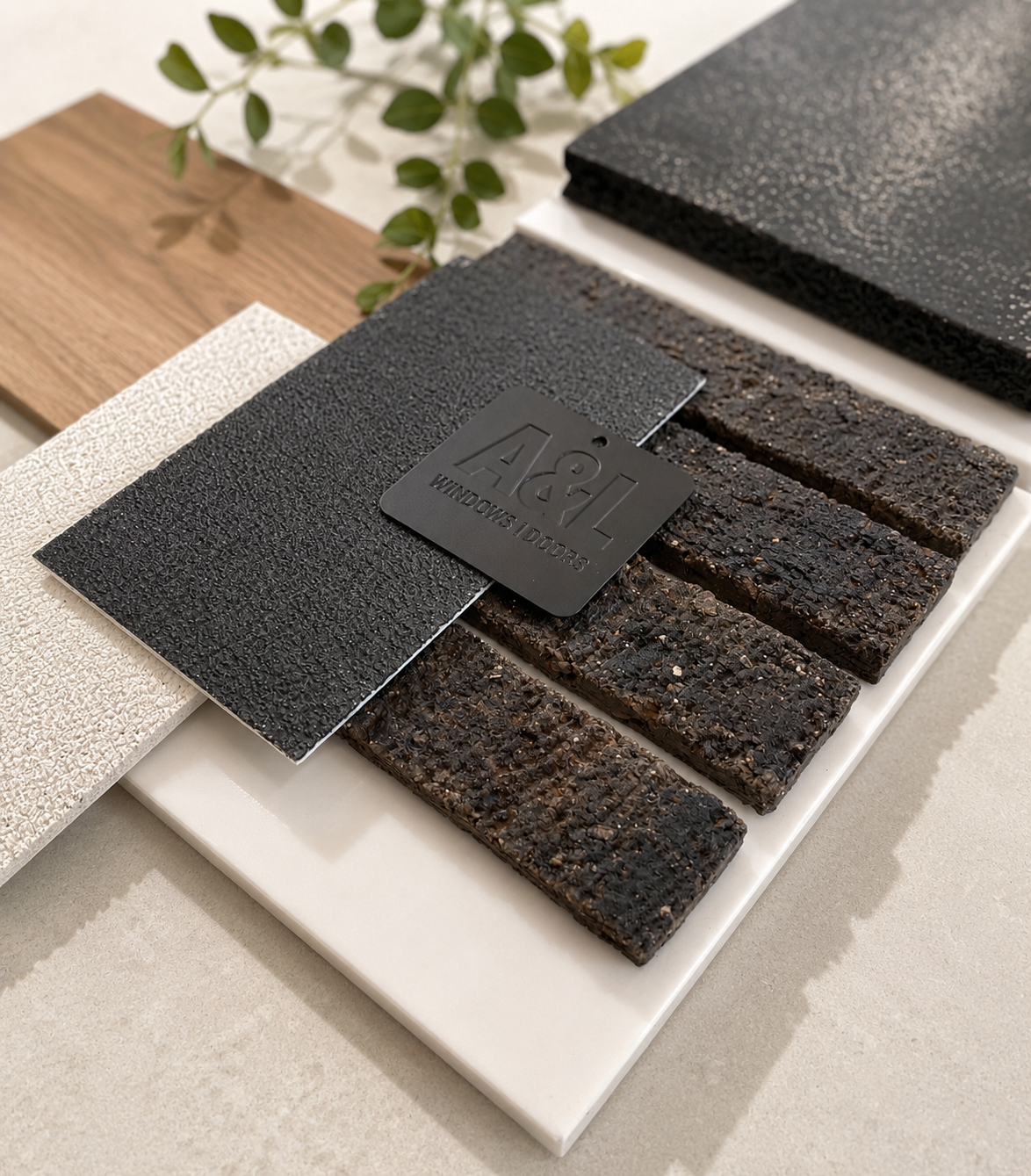 Flatlay of charcoal textured bricks and black cladding samples on white stone with a leafy shadow