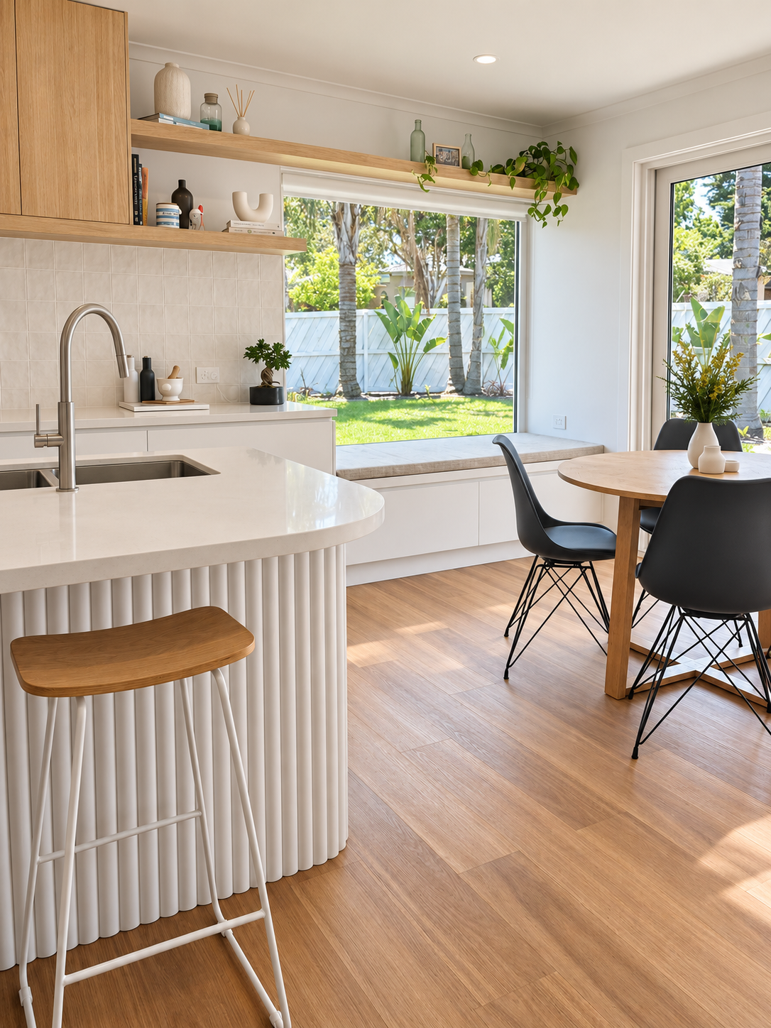 Mungari kitchen and dining with fluted island, timber stool, oak floating shelves and round table by a garden window