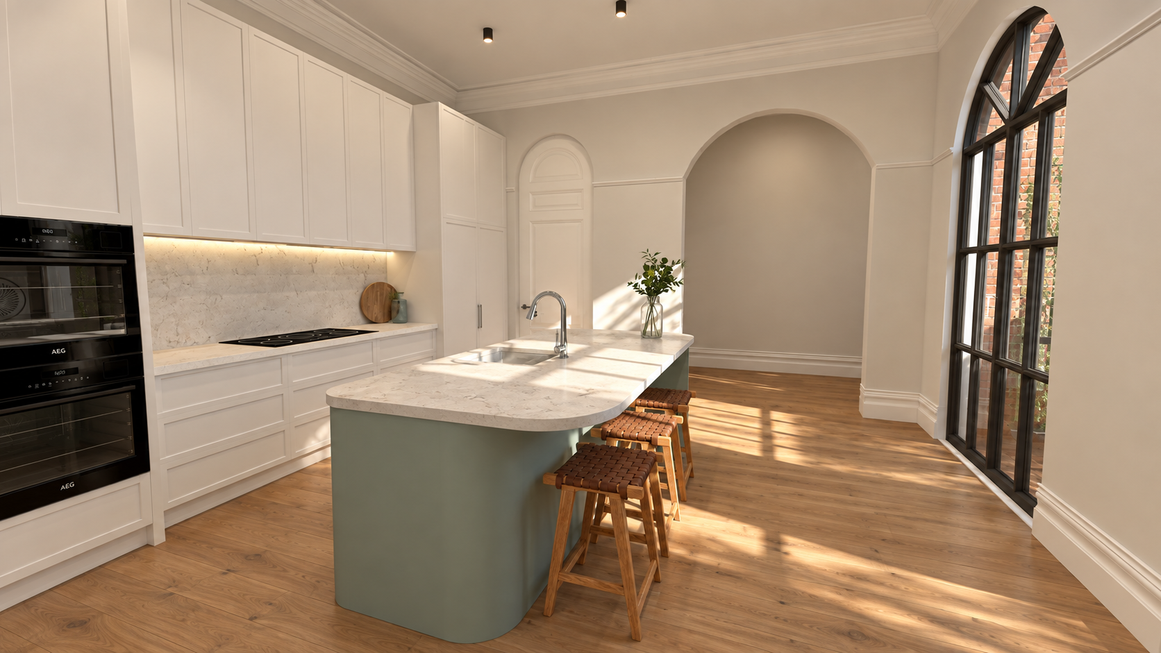 Manning kitchen render: sage island, white cabinetry with black ovens and tall arched steel-framed windows