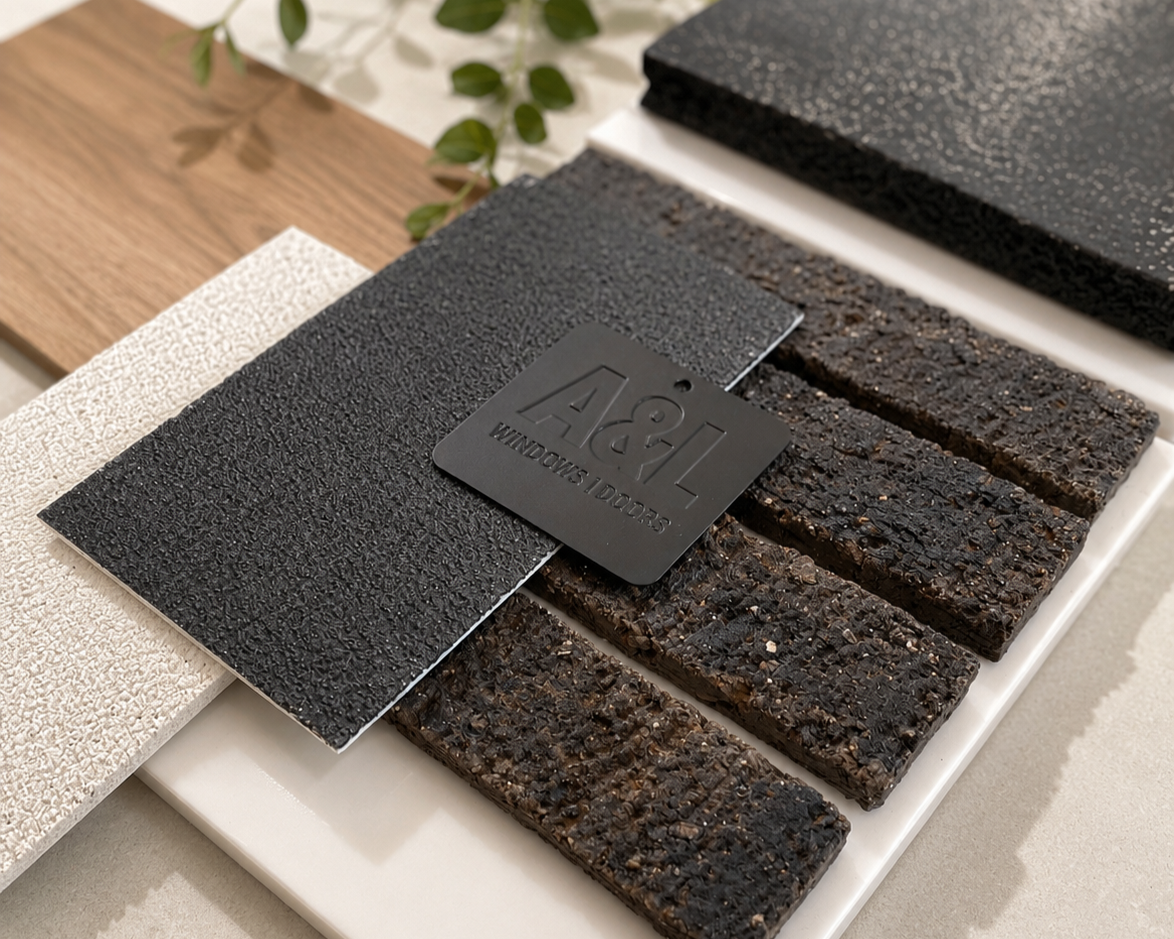 Exterior selections of charcoal textured brick and black cladding samples with white render and timber