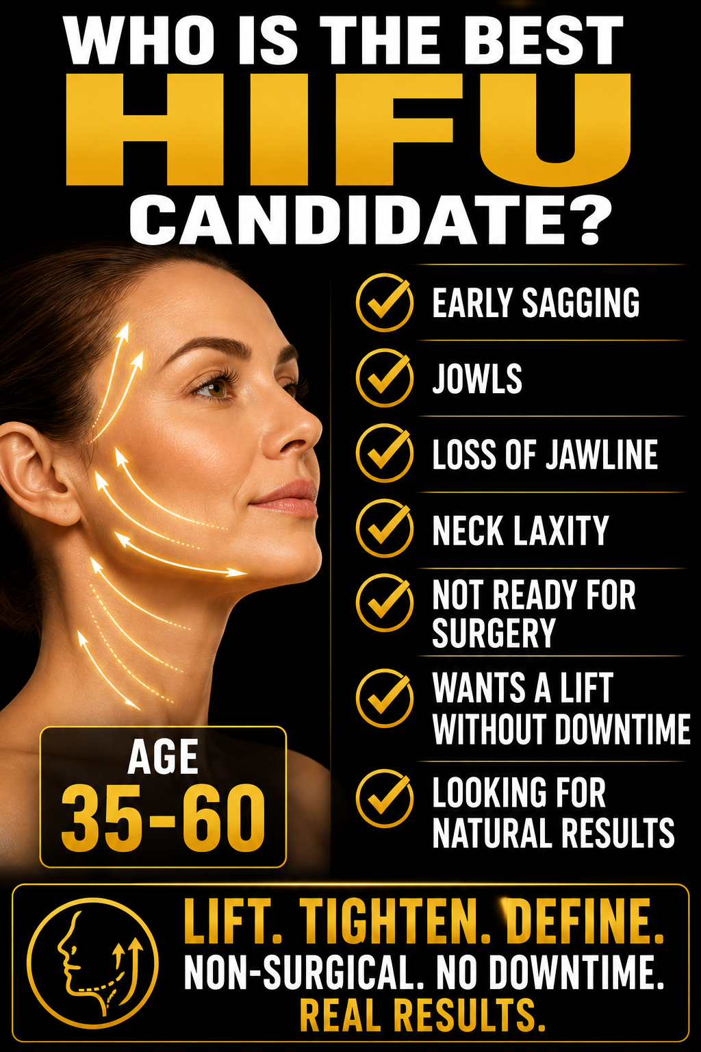 An advertisement promoting non-surgical facelift procedures, featuring an image of a woman with face lifting arrows and a list of potential candidate qualifications including early sagging, jowls, loss of jawline, neck laxity, not ready for surgery, wanting a lift without downtime, and seeking natural results. It specifies age 35-60 and emphasizes lifting, tightening, and defining with real results.