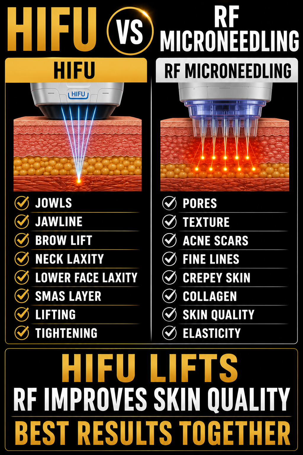 Comparison infographic of HIFU and RF microneedling skincare treatments, showing devices delivering energy into the skin to improve skin quality and address imperfections.
