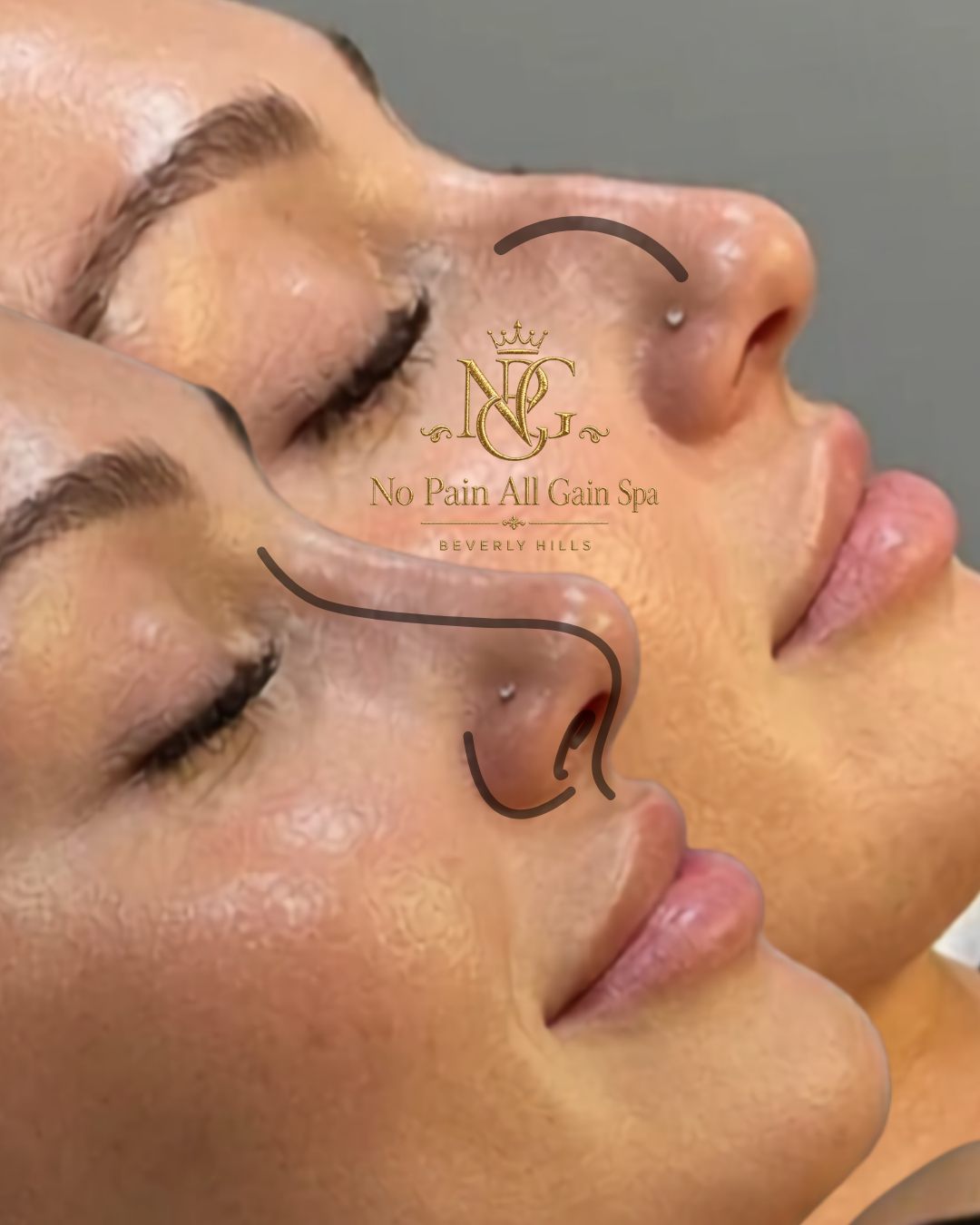 Close-up of two women with skin care treatments on their faces, advertising No Pain All Gain Spa Beverly Hills.