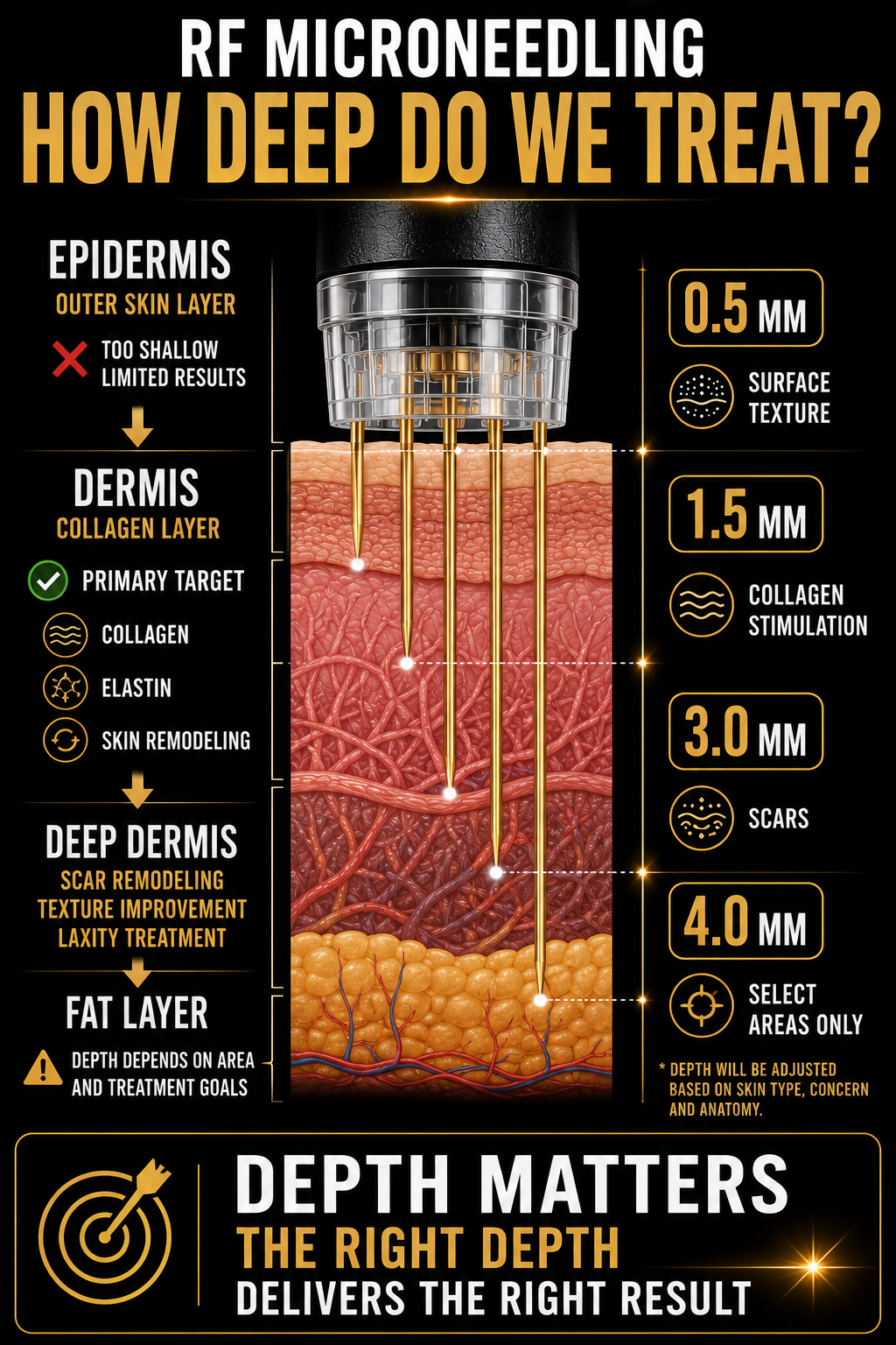 An infographic about RF microneedling showing penetration depths: 0.5mm surface texture, 1.5mm collagen stimulation, 3.0mm scars, 4.0mm select areas; illustrating skin layers and treatment goals.