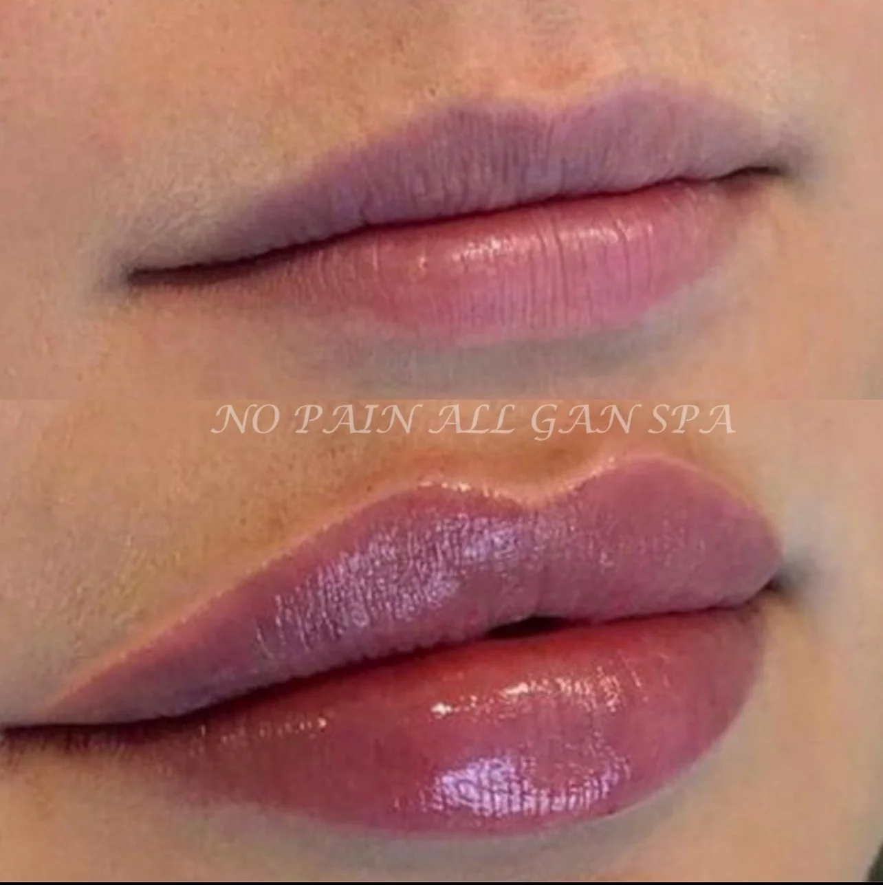 Close-up of a person's lips with pink lipstick, with the text 'NO PAIN ALL GANS PA' overlaid.