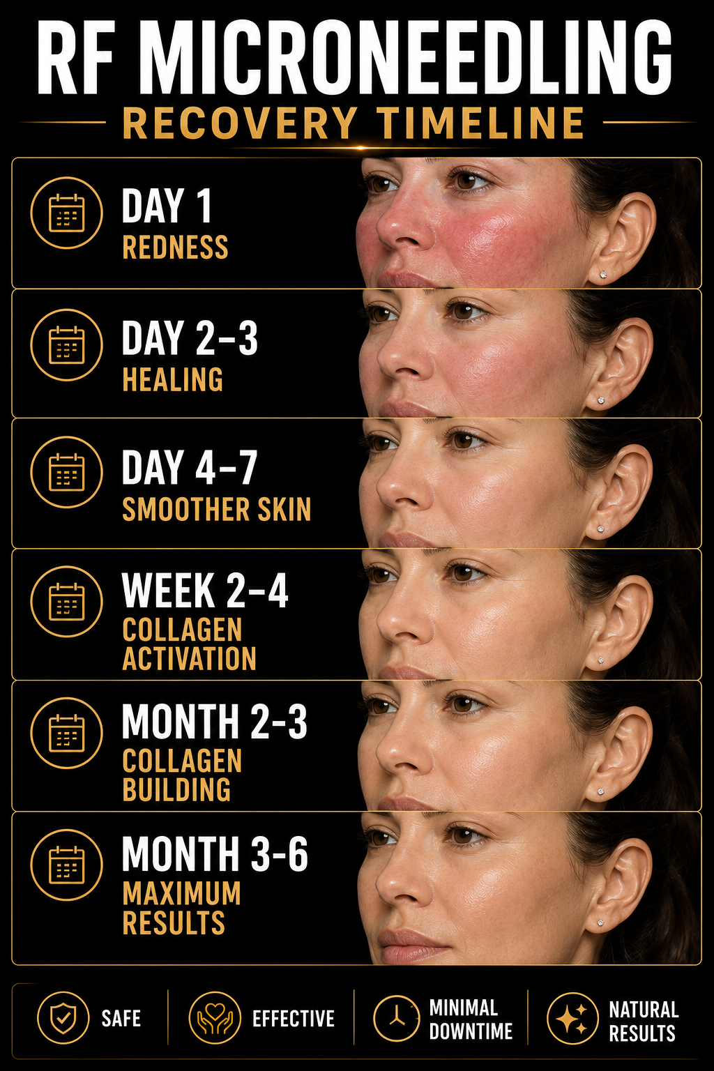 RF Microneedling Recovery Timeline infographic showing stages of skin healing over time, from redness on Day 1, healing on Days 2-3, smoother skin on Days 4-7, collagen activation in Weeks 2-4, collagen building in Months 2-3, to maximum results in Months 3-6, with icons indicating safety, effectiveness, minimal downtime, and natural results.