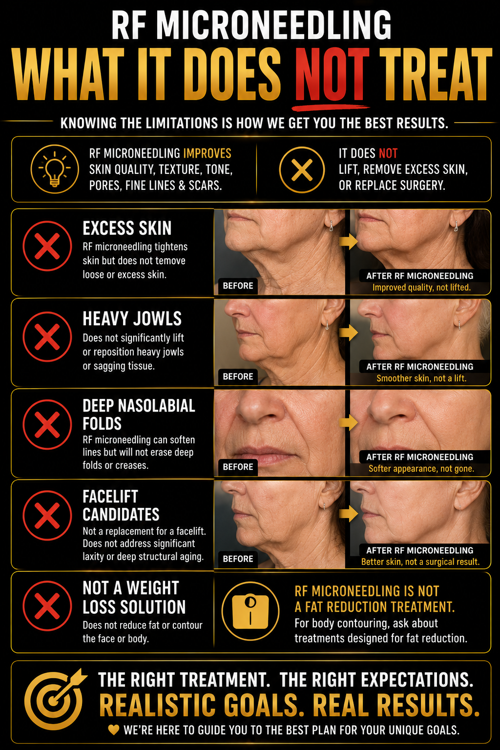 An informational infographic explaining what RF microneedling does not do, highlighting its limitations and debunking myths about skin treatment, with before and after photos of facial skin.