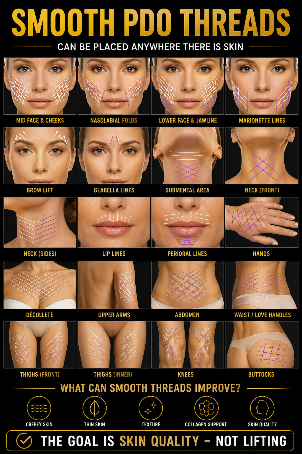 Diagram showing various locations on a woman's face, neck, and body with lines illustrating where to place smooth PDO threads for cosmetic procedures such as face lifts, jawline, neck, lips, and body areas.