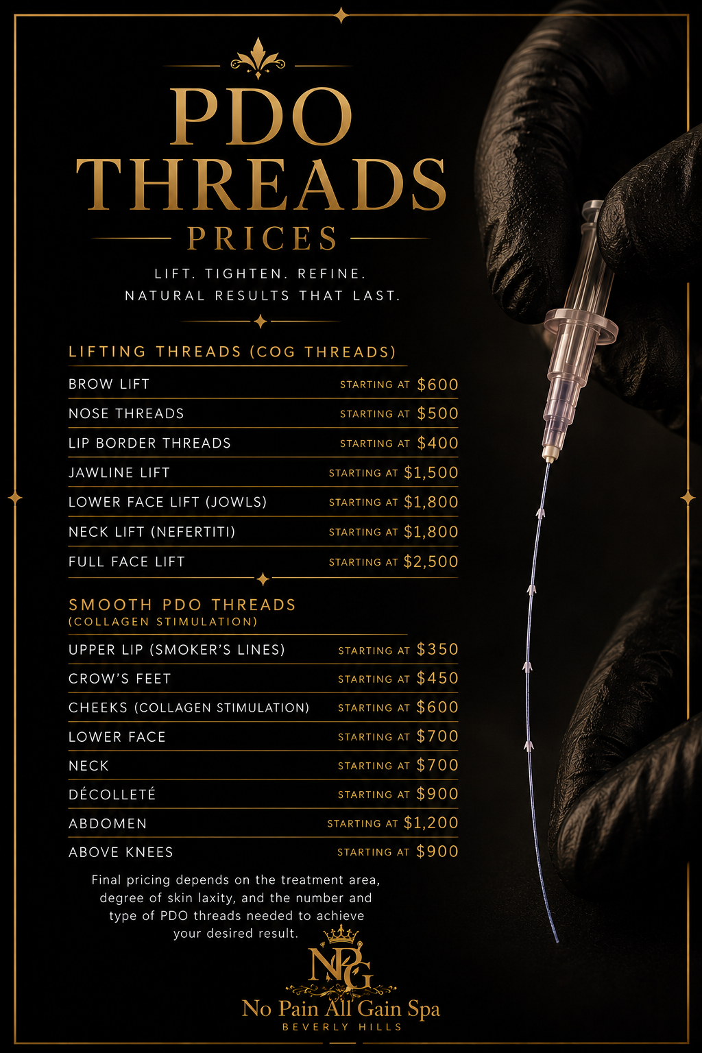 Advertisement for PDO threads at No Pain All Gain Spa in Beverly Hills, listing prices for various lifting and smooth PDO thread treatments with gold and black design.