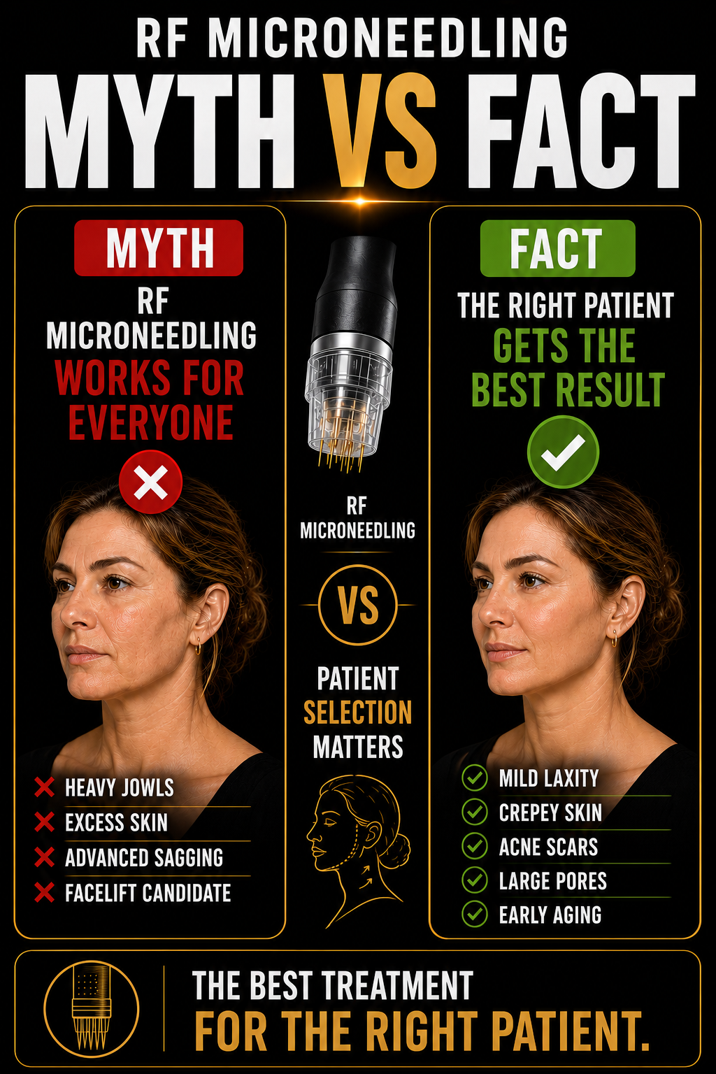 Comparison of RF microneedling myth and fact. Myth side shows a woman with skin issues and claims it works for everyone, with red text. Fact side shows a woman with clearer skin, stating it gets the best results for the right patient, with green text and check marks.