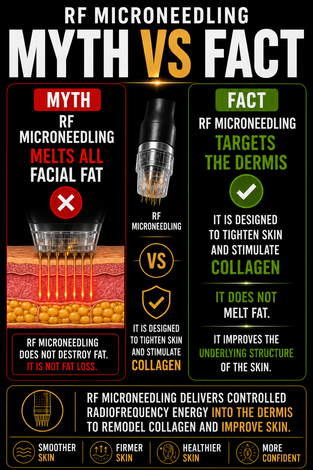 Infographic comparing RF microneedling myth and fact. Myth states it melts all facial fat and destroys fat, shown with an illustration of skin layers. Fact states RF microneedling targets the dermis, tightens skin, stimulates collagen, and does not melt fat, with icons representing skin benefits.