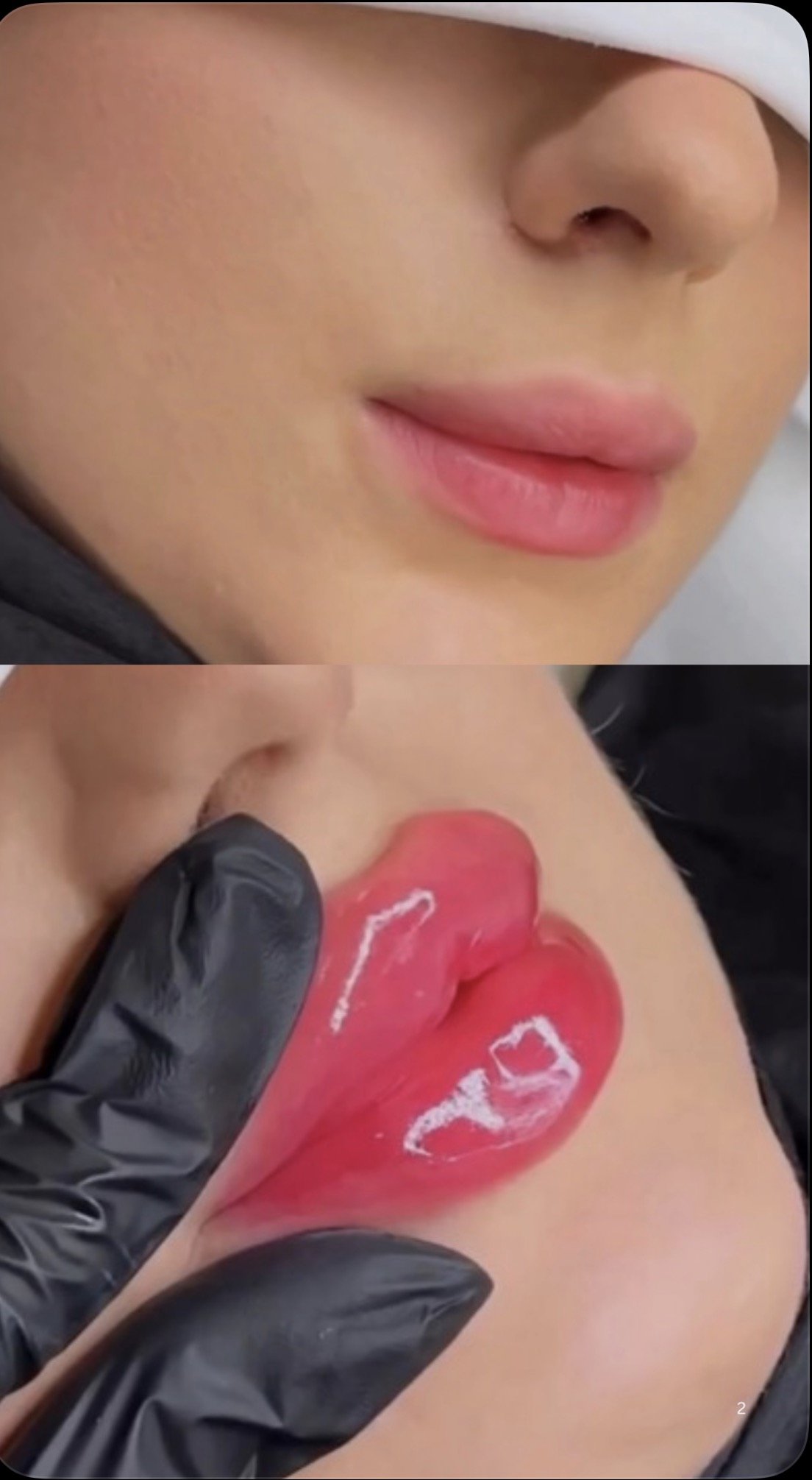 Close-up of a woman’s face with light makeup and pink lips, as she receives a lipstick kiss print on her neck from a gloved hand.