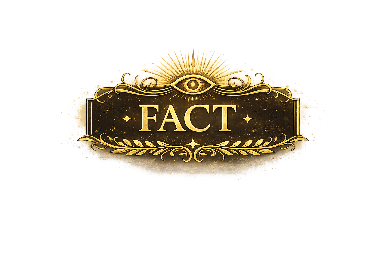 A decorative sign with a black and gold design features the word 'FACT' in large letters, an eye symbol with radiating lines above it, and ornate flourishes and leaf motifs.